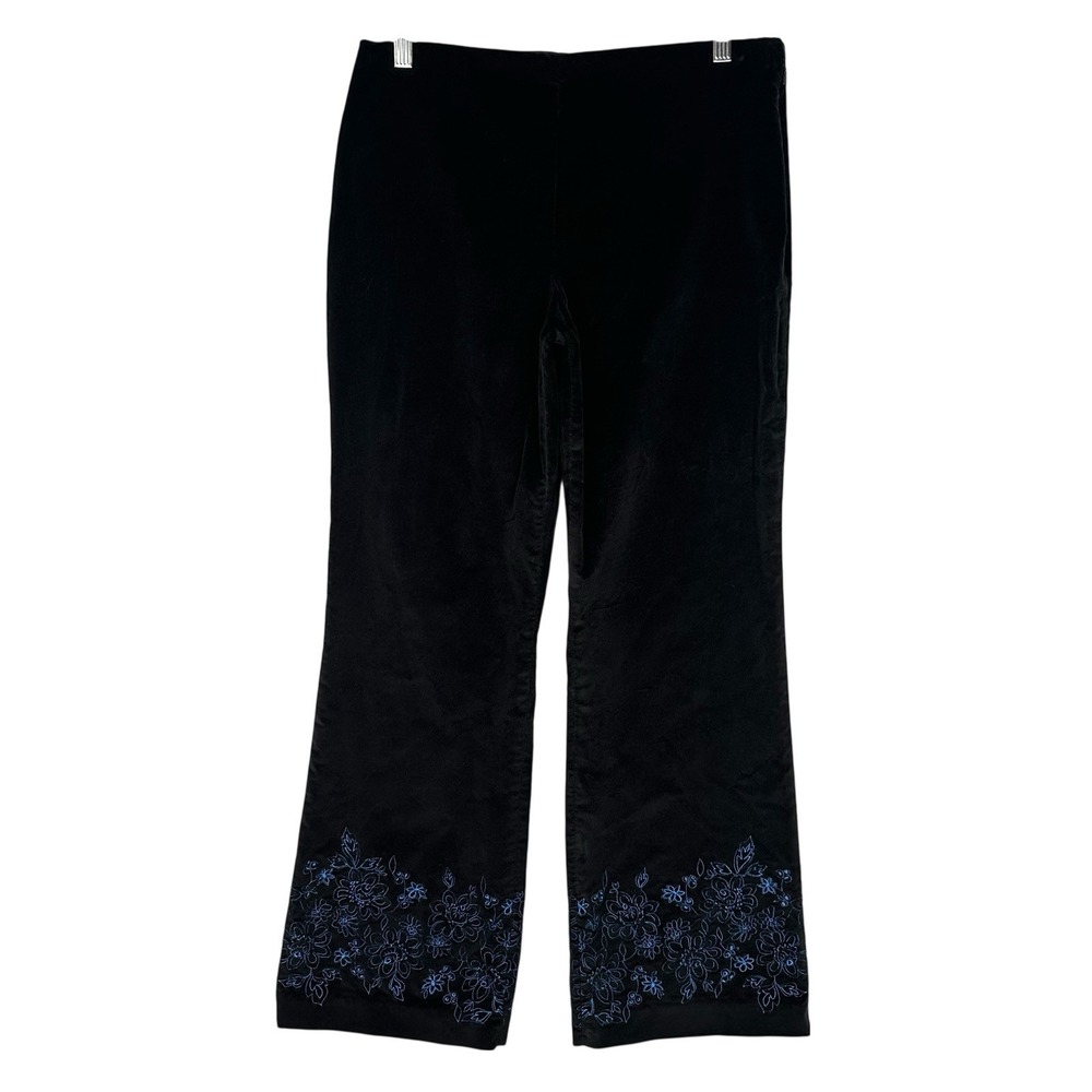 Sigrid Olsen Sport Black Velvet Pants Wide Leg Floral Embroidery Hem Petite 8P